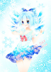 Rule 34 | circled 9, 1girl, :d, \m/, alternate costume, bad id, bad pixiv id, blue eyes, blue hair, blush, bow, cirno, colored eyelashes, dress, hair bow, ice, ice wings, matching hair/eyes, musical note, open mouth, smbrly, smile, snowflakes, solo, touhou, wings