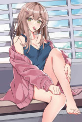 Rule 34 | 1girl, absurdres, bare legs, bare shoulders, barefoot, brown eyes, brown hair, feet, feng shao kky (arj0522), food, food in mouth, hair ornament, hairclip, highres, ice cream, long hair, looking at viewer, original, school uniform, sitting, soles, sweater, tank top, toes