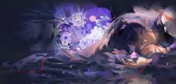 Rule 34 | 1girl, abstract background, absurdres, akemi homura, black hair, black hairband, commentary, crying, crying with eyes open, flower, gears, hair spread out, hairband, highres, kurage (nai chuanqi), long hair, lying, mahou shoujo madoka magica, mahou shoujo madoka magica (anime), on side, portrait, purple eyes, red ribbon, reflection, ribbon, solo, soul gem, symbol-only commentary, tears, white flower