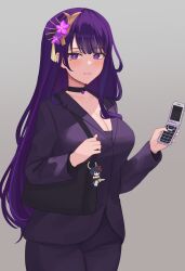 Rule 34 | 1girl, absurdres, bag, bag charm, black choker, blush, breasts, business suit, cellphone, charm (object), choker, cleavage, closed mouth, collarbone, commission, formal, genshin impact, hair ornament, handbag, highres, holding, holding phone, jacket, kujou sara, large breasts, long hair, long sleeves, looking at viewer, mole, mole under eye, pants, phone, purple eyes, purple hair, purple jacket, purple pants, raiden shogun, simple background, solo, standing, suit, taiko bo, very long hair