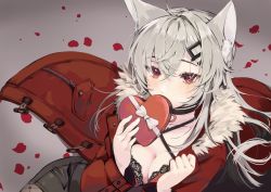 Rule 34 | 1girl, animal ears, artist request, blush, candy, chocolate, chocolate heart, food, heart, highres, looking at viewer, no mouth, saruei (vtuber), scar, scar on face, virtual youtuber, zipper