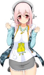 Rule 34 | 1girl, absurdres, artist request, blush, breasts, female focus, headphones, highres, hood, hoodie, large breasts, long hair, looking at viewer, nitroplus, pink hair, pom pom (clothes), red eyes, smile, solo, super sonico