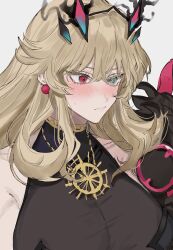 Rule 34 | 1girl, absurdres, bare shoulders, barghest (fate), barghest (second ascension) (fate), black dress, blonde hair, blush, breasts, cleavage, dress, earrings, fate/grand order, fate (series), green eyes, heterochromia, highres, horns, jewelry, large breasts, long hair, necklace, red eyes, sidelocks, sleeveless, sleeveless dress, solo, sweatdrop, upper body, white background, yurumawari