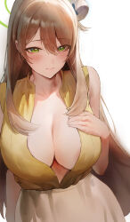 Rule 34 | 1girl, absurdres, blue archive, blush, breasts, center opening, cleavage, closed mouth, collarbone, green eyes, hair bun, halo, highres, large breasts, light brown hair, long hair, looking at viewer, nonomi (blue archive), rororo, shirt, sidelocks, single side bun, skirt, sleeveless, sleeveless shirt, solo, white skirt, yellow shirt