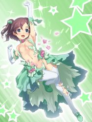 Rule 34 | 1girl, :d, aqua eyes, arm up, armpits, bad anatomy, bare shoulders, blue eyes, blush, boots, breasts, brown hair, cameltoe, clenched hand, dress, elbow gloves, eyebrows, feet, flower, full body, game cg, gloves, green background, green footwear, green skirt, groin, hair ornament, hand up, happy, highres, jumping, leg lift, leg up, leotard, long image, looking at viewer, looking away, multicolored eyes, navel, nipple slip, nipples, no bra, one breast out, one side up, open hand, open mouth, outline, parted bangs, petals, petticoat, pink flower, pink rose, purple hair, rose, shoes, short hair, showgirl skirt, side ponytail, simple background, skirt, small breasts, smile, solo, sparkle, star (symbol), suzuki mei, thigh gap, thighhighs, torn clothes, torn leotard, torn thighhighs, urawaza spectrum, uzawara spectrum, white gloves, white thighhighs, yamabuki miyuki