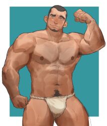 Rule 34 | 1boy, abs, bara, blue background, bulge, buzz cut, facial hair, feet out of frame, flexing, fundoshi, gh himainu, goatee, grey hair, head tilt, highres, japanese clothes, large pectorals, looking at viewer, male focus, mature male, muscular, muscular male, navel, navel hair, nipples, original, pectorals, raised eyebrow, short hair, sideburns, solo, standing, stomach, thick eyebrows, thick thighs, thighs, topless male, two-tone background, very short hair
