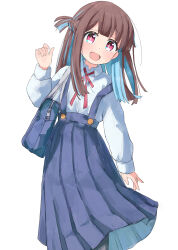 Rule 34 | 1girl, :d, alternate hair length, alternate hairstyle, bag, blue hair, blue skirt, blunt bangs, blunt ends, braid, brown hair, commentary, crown braid, highres, hozuki momiji, leaning to the side, long skirt, long sleeves, looking at viewer, neck ribbon, one side up, onii-chan wa oshimai!, open mouth, pink eyes, pleated skirt, red ribbon, ribbon, school uniform, shirt, shoulder bag, simple background, skirt, smile, solo, strap slip, suspender skirt, suspenders, tetesudeesu, white background, white shirt, wing collar