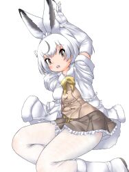 Rule 34 | 1girl, animal ears, blush, boots, bow, bowtie, brown eyes, brown hair, brown shirt, brown skirt, coat, elbow gloves, extra ears, ezo mountain hare (kemono friends), frilled skirt, frills, fur trim, gloves, highres, kemono friends, looking at viewer, multicolored hair, pantyhose, pleated skirt, rabbit ears, rabbit girl, rabbit tail, shirt, short hair, short sleeves, sidelocks, skirt, solo, tail, two-tone hair, uf34a, white coat, white footwear, white fur, white gloves, white hair, white pantyhose, yellow bow, yellow bowtie