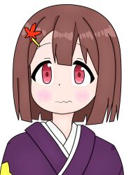 Rule 34 | 1girl, blunt bangs, blunt ends, blush, blush stickers, bob cut, brown hair, closed mouth, commentary request, double-parted bangs, hair ornament, hairclip, hozuki momiji, japanese clothes, kimono, leaf, leaf hair ornament, maple leaf, onii-chan wa oshimai!, portrait, purple kimono, red eyes, shiro ookami ro, short hair, simple background, solo, tareme, wavy mouth, white background