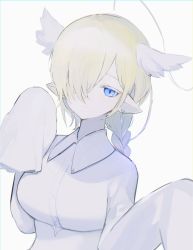 Rule 34 | 1girl, ahoge, bad id, bad twitter id, blonde hair, blue eyes, braid, closed mouth, collared dress, dress, earrings, hair over one eye, head wings, highres, jewelry, long hair, long sleeves, looking at viewer, migihidari (puwako), one eye covered, pointy ears, simple background, sleeves past fingers, sleeves past wrists, smile, solo, upper body, white background, white dress, wing collar, wings