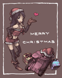 Rule 34 | 1girl, artist name, black background, black eyes, black gloves, black hair, black tank top, black thighhighs, blowing kiss, boots, border, bow, brown footwear, christmas, commentary, english text, freckles, fur-trimmed shirt, fur-trimmed shorts, fur trim, gift, girls und panzer, gloves, hand on own hip, hat, heart, layered gloves, leaning forward, long hair, looking at viewer, m3 lee, merry christmas, midriff, military, military vehicle, motor vehicle, navel, one eye closed, open mouth, red bow, red gloves, red hat, red shirt, red shorts, santa costume, santa hat, shirt, short shorts, shorts, signature, smile, solo, standing, standing on one leg, tank, tank top, tessaku ro, thighhighs, white border, yamagou ayumi