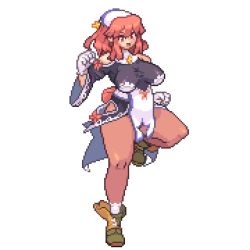 Rule 34 | 1girl, bare shoulders, breasts, cross, full body, gloves, la pucelle, large breasts, lowres, pantyhose, pixel art, plump, prier, red eyes, red hair, smile, solo, thick thighs, thighs, transparent background, yumurama