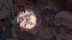 Rule 34 | 6+girls, :d, banner, barefoot, black headwear, blonde hair, blue bow, bow, candle, chandelier, cirno, closed mouth, commentary, commentary request, constricted pupils, crystal, english commentary, faceless, faceless female, false smile, flandre scarlet, food, fork, grey hair, hair bow, hakurei reimu, happy new year, hat, hat bow, highres, hong meiling, ice cream, izayoi sakuya, kirisame marisa, koakuma, komeiji koishi, lonely, long hair, medium bangs, mob cap, multiple girls, new year, open mouth, patchouli knowledge, pink headwear, plate, purple eyes, red bow, red eyes, red hair, remilia scarlet, rumia, short hair, smile, solo focus, spotlight, touhou, triangle mouth, upper body, vuluhappy, white bow, wings, witch hat