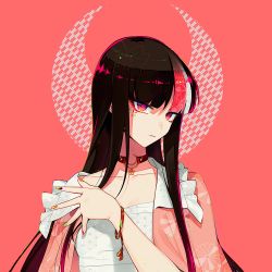 Rule 34 | 1girl, alternate eye color, armband, black hair, blunt bangs, breasts, casual, choker, cleavage, crescent moon, dress, floral print, frilled jacket, frills, futoumeido, hair intakes, hand up, hime cut, houraisan kaguya, jacket, japanese clothes, jewelry, jitome, lips, long hair, makeup, moon, multicolored eyes, multicolored hair, multicolored nails, nail polish, pink background, pink eyes, pink hair, pink jacket, purple eyes, red neckwear, small breasts, solo, strapless, strapless dress, touhou, very long hair, white dress, white hair