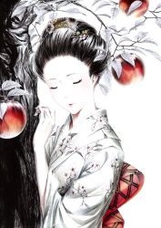 Rule 34 | 1girl, apple, ballpoint pen (medium), black hair, cherry blossoms, colored skin, closed eyes, floral print, food, fruit, hair ornament, hairpin, highres, japanese clothes, kimono, monochrome, original, resized, revision, solo, sousou (sousouworks), spot color, traditional media, tree, white skin
