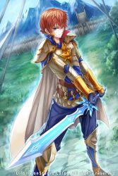 Rule 34 | 1boy, age of ishtaria, blue eyes, cape, copyright notice, gloves, holding, holding sword, holding weapon, male focus, mountain, official art, ryuga (balius), solo, standing, sword, toki no ishutaria, watermark, weapon