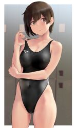 Rule 34 | 1girl, bare shoulders, black one-piece swimsuit, blush, breasts, brown eyes, brown hair, cleavage, collarbone, commentary, covered navel, highleg, highleg swimsuit, highres, hiryuu (kancolle), kantai collection, large breasts, looking at viewer, one-piece swimsuit, short hair, solo, swimsuit, thighs, wa (genryusui)