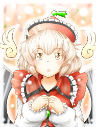 Rule 34 | 1girl, blouse, blush, brown eyes, fingers together, gradient background, hat, highres, light brown hair, light particles, long sleeves, looking at viewer, lyrica prismriver, mubii, open mouth, puffy sleeves, shirt, shooting star, short hair, solo, touhou, upper body, wings