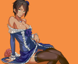 Rule 34 | 1girl, bare shoulders, black hair, bouquet, breasts, cleavage, clothes lift, dark skin, dress, dress lift, florence (unlight), flower, green eyes, hair flower, hair ornament, kurowa, large breasts, shiny skin, short hair, sitting, smile, strapless, strapless dress, thighhighs, unlight