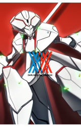 Rule 34 | 10s, armor, copyright name, darling in the franxx, drop shadow, green eyes, highres, holding, holding weapon, mecha, murasaki saki, no humans, red background, robot, solo, standing, strelizia, weapon