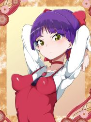 Rule 34 | 1girl, blush, bow, closed mouth, collarbone, covered erect nipples, dress, gegege no kitarou, hair bow, looking at viewer, nekomusume, nekomusume (gegege no kitarou 6), pointy ears, puffy nipples, purple hair, red bow, red dress, short hair, solo, yellow eyes, zootan