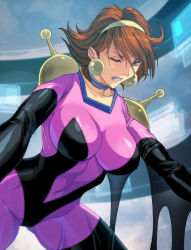 Rule 34 | 1girl, all fours, blue eyes, bodysuit, breasts, brown hair, choker, clenched teeth, collar, collarbone, covered navel, earrings, elbow gloves, covered erect nipples, female focus, g gundam, gloves, gundam, hairband, highres, homare (fool&#039;s art), jewelry, large breasts, lips, mobile trace suit, one eye closed, rain mikamura, short hair, skin tight, solo, teeth, thighhighs, tight clothes