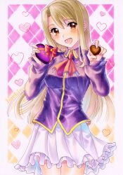 Rule 34 | 1girl, ascot, blush, breasts, candy, chocolate, chocolate heart, collared shirt, commentary request, cowboy shot, fate/stay night, fate (series), food, frilled skirt, frills, grey hair, hachi78b, heart, highres, holding, holding chocolate, holding food, illyasviel von einzbern, long hair, long sleeves, looking at viewer, marker (medium), open mouth, purple shirt, red eyes, shirt, skirt, small breasts, smile, solo, traditional media, valentine, white skirt