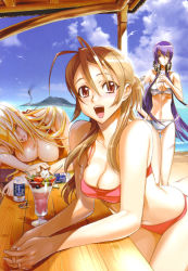 Rule 34 | 3girls, :d, alcohol, antenna hair, armband, beach, beer, bent over, bikini, bird, blonde hair, blue hair, blush, breast press, breasts, brown hair, busujima saeko, can, cleavage, cloud, day, dessert, drink, drinking straw, drunk, earrings, closed eyes, food, hand on own hip, own hands clasped, headphones, highres, highschool of the dead, ice cream, jewelry, large breasts, lipstick, long hair, makeup, marikawa shizuka, midriff, miyamoto rei, multiple girls, official art, open mouth, outdoors, own hands together, pink eyes, purple hair, red eyes, saliva, satou shouji, seagull, sky, sleeping, smile, standing, sundae, swimsuit, thigh gap, thighs, very long hair, water