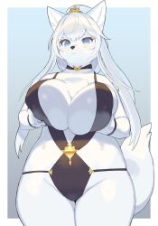 Rule 34 | 1girl, :&lt;, ahoge, animal ears, animal nose, bare shoulders, black choker, black nails, black one-piece swimsuit, blue background, blue eyes, blush, body fur, border, bracelet, braid, breast hold, breasts, breasts squeezed together, choker, cleavage, closed mouth, cowboy shot, female focus, fox ears, fox girl, fox tail, furry, furry female, gold, gradient background, groin, hands up, highres, huge breasts, jewelry, long hair, looking at viewer, one-piece swimsuit, original, outside border, sidelocks, simple background, skindentation, snout, solo, standing, swimsuit, tail, thick thighs, thighs, v-shaped eyebrows, white border, white fur, white hair, wide hips, wkar