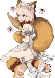Rule 34 | 1girl, ?, absurdres, ahoge, alternate costume, animal ear fluff, animal ears, animal hands, apron, ass, bell, black bow, blush, bow, bridal garter, brown footwear, brown gloves, cat hair ornament, collar, fate/grand order, fate (series), fox ears, fox girl, fox tail, frilled apron, frills, gloves, green eyes, hair between eyes, hair bow, hair ornament, highres, jingle bell, looking away, maid headdress, naked apron, neck bell, nose blush, okita souji (fate), okita souji (koha-ace), omucchan (omutyuan), open mouth, paw gloves, paw shoes, red collar, shoes, simple background, solo, spoken question mark, sweat, tail, tamamo (fate), tamamo cat (fate), tamamo cat (third ascension) (fate), v-shaped eyebrows, white apron, white background