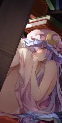 Rule 34 | 1girl, absurdres, blue bow, blush, book, bow, closed mouth, commentary request, crescent, eyes visible through hair, hair bow, hat, highres, legs, long hair, looking at viewer, mob cap, panties, patchouli knowledge, pink hat, purple eyes, purple hair, risui (suzu rks), short hair, sitting, solo, touhou, underwear, white panties