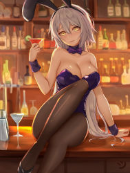 Rule 34 | 1girl, ahoge, animal ears, bar (place), bare shoulders, black footwear, blush, bow, bowtie, breasts, brown pantyhose, cleavage, cup, detached collar, fake animal ears, fate/grand order, fate (series), hair between eyes, high heels, highres, holding, holding cup, indoors, jeanne d&#039;arc (fate), jeanne d&#039;arc alter (avenger) (fate), jeanne d&#039;arc alter (fate), knee up, large breasts, leotard, long hair, looking at viewer, pantyhose, parted lips, playboy bunny, purple leotard, rabbit ears, short hair, sidelocks, silver hair, sitting, smile, solo, strapless, strapless leotard, wei xiao, wrist cuffs, yellow eyes
