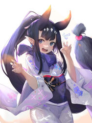 Rule 34 | 1girl, black hair, blue eyes, cowboy shot, highres, hololive, hololive english, horns, ninomae ina&#039;nis, obi, oni, oni horns, open mouth, pointy ears, ponytail, sash, short hair, simple background, solo, tallgeese (lgeesel), virtual youtuber, white background