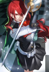 Rule 34 | 1girl, absurdres, alternate breast size, breasts, ddog, hair over one eye, highres, holding, holding sword, holding weapon, kirijou mitsuru, large breasts, lips, long hair, multiple girls, open mouth, parted lips, persona, persona 3, persona 3 reload, pleated skirt, rapier, red eyes, red hair, skirt, smile, solo, sword, weapon