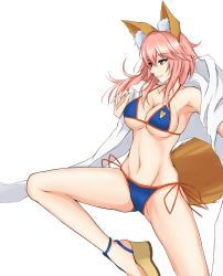 Rule 34 | 10s, 1girl, animal ears, bikini, blue bikini, breasts, cleavage, collarbone, fate/extra, fate/grand order, fate (series), fox ears, fox tail, groin, highres, large breasts, navel, pink hair, sandals, simple background, solo, swimsuit, tail, tamamo (fate), tamamo no mae (fate/extra), tamamo no mae (swimsuit lancer) (fate), tamamo no mae (swimsuit lancer) (third ascension) (fate), underboob, watarase piro, white background, yellow eyes