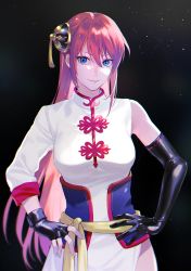 Rule 34 | 1girl, asymmetrical sleeves, belt, black background, black gloves, blue eyes, breasts, china dress, chinese clothes, cma cmakuma, dress, fingerless gloves, gintama, gloves, hair between eyes, hair ornament, hands on own hips, highres, kagura (gintama), long hair, medium breasts, pink hair, side slit, smile, solo, traditional clothes, traditional dress, upper body, white dress
