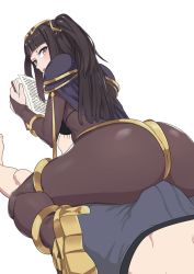 Rule 34 | 1boy, 1girl, ass, ass focus, blue hair, blunt bangs, blush, bodystocking, book, boxers, breasts, bulge, buttjob, buttjob over clothes, cape, dry humping, erection, erection under clothes, fire emblem, girl on top, gold trim, grinding, hakuto7u, hetero, high heels, highres, huge ass, humping, looking back, lying, male underwear, nintendo, on back, open mouth, purple eyes, reading, simple background, sitting, sitting on lap, sitting on person, tharja (fire emblem), through clothes, tiara, topless, underwear, white background