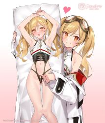 Rule 34 | 1girl, armpits, arms up, azur lane, bare arms, bare shoulders, blonde hair, blush, closed mouth, copyright name, crotch zipper, dakimakura (object), gluteal fold, goggles, goggles on head, gradient background, gradient eyes, heart, highres, holding, jacket, knees together feet apart, leonardo da vinci (azur lane), leotard, long sleeves, multicolored eyes, multiple views, navel, off shoulder, official art, open mouth, orange eyes, pillow, popqn, smile, solo, sweat, swept bangs, thighs, twintails, v-shaped eyebrows, white jacket, zipper