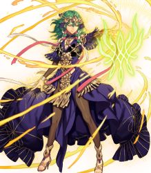 Rule 34 | 1girl, blue dress, braid, breasts, byleth (female) (fire emblem), byleth (fire emblem), cleavage, closed eyes, dress, energy, feet, female focus, fire emblem, fire emblem: three houses, fire emblem heroes, fujisaka kimihiko, full body, gold trim, green hair, hair ornament, hand up, high heels, highres, jewelry, long dress, long hair, magic, medium breasts, nintendo, non-web source, official alternate costume, official art, pantyhose, pelvic curtain, solo, sparkle, standing, tiara, toeless footwear, toes, transparent background, twin braids, twintails