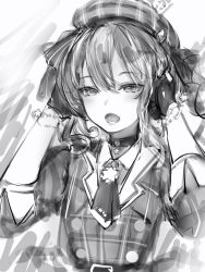 Rule 34 | 1girl, bad id, bad twitter id, belt, buttons, choker, double-breasted, gloves, greyscale, half-closed eyes, hands up, hat, highres, hololive, hoshimachi suisei, hoshimachi suisei (1st costume), jacket, long sleeves, monochrome, nanashi (nlo), necktie, open mouth, partially fingerless gloves, short necktie, solo, upper body, virtual youtuber