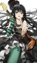 Rule 34 | absurdres, akiyama mio, bass guitar, black dress, black eyes, black eyeshadow, black hair, black hat, blunt bangs, don&#039;t say &quot;lazy&quot;, dress, elbow gloves, eyeshadow, fingerless gloves, gloves, green pantyhose, hat, highres, hime cut, holding, holding instrument, instrument, k-on!, lace, left-handed, long hair, looking at viewer, makeup, mini hat, mini top hat, multicolored clothes, multicolored gloves, pantyhose, pointing, pointing at viewer, reclining, rsef, sidelocks, simple background, single glove, sleeveless, sleeveless dress, striped clothes, striped gloves, top hat, white background