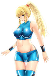 Rule 34 | 1girl, bare shoulders, blonde hair, blue eyes, boots, breasts, canpy, female focus, large breasts, long hair, metroid, midriff, navel, nintendo, ponytail, samus aran, solo, standing, thigh boots, thighhighs, white background, wristband