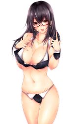 Rule 34 | 1girl, bikini, black hair, breasts, brown eyes, cellphone, earrings, formal, frofrofrost, glasses, highres, jewelry, large breasts, long hair, looking at viewer, necklace, open mouth, original, phone, semi-rimless eyewear, simple background, smartphone, solo, suit, swimsuit
