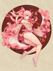 Rule 34 | 1girl, ahoge, breasts, detached sleeves, dress, fins, fish, frilled sleeves, frills, head fins, highres, long hair, long sleeves, looking at viewer, medium breasts, original, parted lips, pink dress, pink hair, shoes, short dress, solo, white footwear, wide sleeves, y.i. (lave2217), yellow eyes