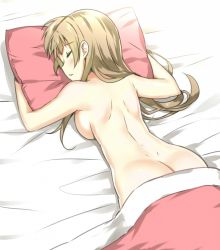 Rule 34 | 10s, 1girl, ass, back, backboob, bed sheet, blush, breasts, brown hair, butt crack, completely nude, closed eyes, highres, large breasts, long hair, love live!, love live! school idol project, lying, minami kotori, naked sheet, nude, hugging object, on bed, on stomach, pillow, pillow hug, shoulder blades, side ponytail, sky-freedom, sleeping, solo, under covers