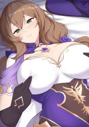 Rule 34 | 1girl, absurdres, artist logo, artist name, breast poke, breast press, breasts, brown hair, capelet, cleavage, commentary, flower, genshin impact, gloves, grabbing own breast, green eyes, highres, jewelry, kaos art, large breasts, lisa (genshin impact), long hair, looking at viewer, lying, necklace, nipple press, nipple stimulation, on back, on bed, patreon username, poking, purple capelet, purple flower, purple rose, rose, seductive smile, smile, solo, watermark, witch