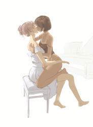 Rule 34 | 2girls, bare legs, bare shoulders, barefoot, black camisole, brown hair, camisole, closed eyes, commentary, dark-skinned female, dark skin, dress, english commentary, grand piano, hair bun, hand on another&#039;s back, highres, instrument, ker0nit0, kiss, multiple girls, off-shoulder dress, off shoulder, original, piano, piano bench, short hair, simple background, sitting, sitting on lap, sitting on person, strap slip, white background, white dress, yuri