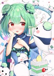 Rule 34 | 1girl, absurdres, animal print, bare shoulders, birthday, blue dress, blue sleeves, blush, brooch, butterfly print, cake, cake slice, detached collar, detached sleeves, double bun, dress, fandead (uruha rushia), food, frilled dress, frills, green hair, hair bun, hair ornament, hair ribbon, hand on own cheek, hand on own face, highres, hololive, jewelry, juliet sleeves, kairono3jou, long sleeves, looking at another, open mouth, piyoko (uruha rushia), puffy sleeves, red eyes, ribbon, short hair, sidelocks, skull hair ornament, solo, strapless, strapless dress, uruha rushia, uruha rushia (1st costume), virtual youtuber, wide sleeves