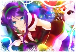 Rule 34 | 1girl, bad id, bad pixiv id, between breasts, blue eyes, boots, breasts, christmas, leblanc (league of legends), gift, gloves, hairband, headband, holly, league of legends, long hair, lying, mistletoe, mistletoe leblanc, oldlim, on side, ornament, purple hair, snowman, solo, staff, thigh boots, thighhighs