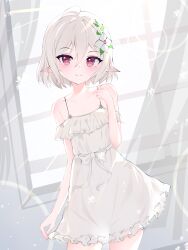 Rule 34 | 1girl, absurdres, ahoge, arm at side, bare shoulders, blurry, blush, bob cut, bokeh, bow, breasts, clenched hand, closed mouth, collarbone, commentary, cowboy shot, curtains, depth of field, dress, dress bow, dutch angle, elf, english commentary, flower, frilled dress, frills, hair flower, hair ornament, hand on own face, hand up, head tilt, highres, indoors, kinedro, kokkoro (princess connect!), light rays, looking at viewer, pointy ears, princess connect!, red eyes, see-through silhouette, short hair, sleeveless, small breasts, smile, solo, standing, sunbeam, sundress, sunlight, thigh gap, white bow, white dress, white hair, window